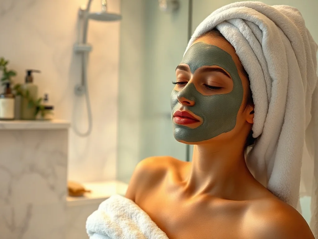 Kobieta w ręczniku z maseczką na twarzy w luksusowej łazience, przygotowująca się do relaksującego rytuału „everything shower”.